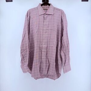 Peter Millar Mens XL Button Down Shirt Pink Brown Plaid 100% Cotton Long Sleeve